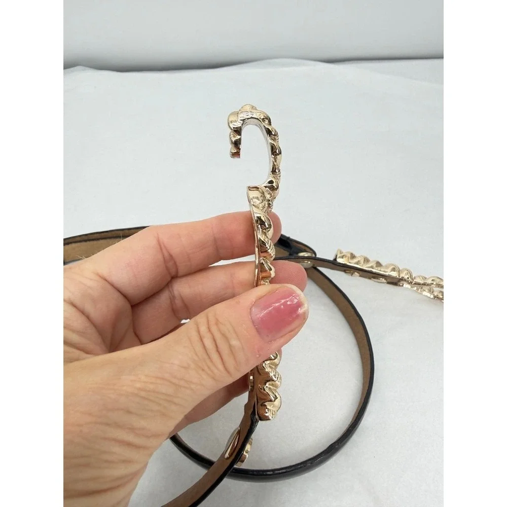 Metal Gold Rope Hook Buckle Patent Leather Skinny Thin Adjustable Belt Sz XL/1X